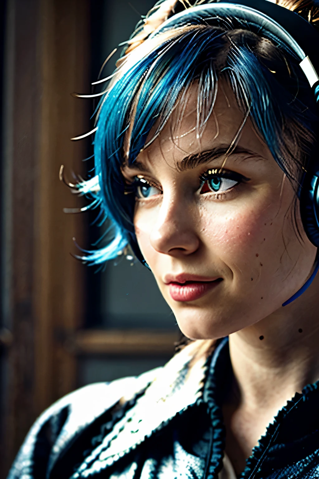 Jane Eyre with headphones, natural skin texture, 24mm, 4k textures, soft cinematic light, adobe lightroom, photolab, hdr, intricate, elegant, highly detailed, sharp focus, ((((cinematic look)))), soothing tones, insane details, intricate details, hyperdetailed, low contrast, soft cinematic light, dim colors, exposure blend, hdr, faded with blue and black curly hair