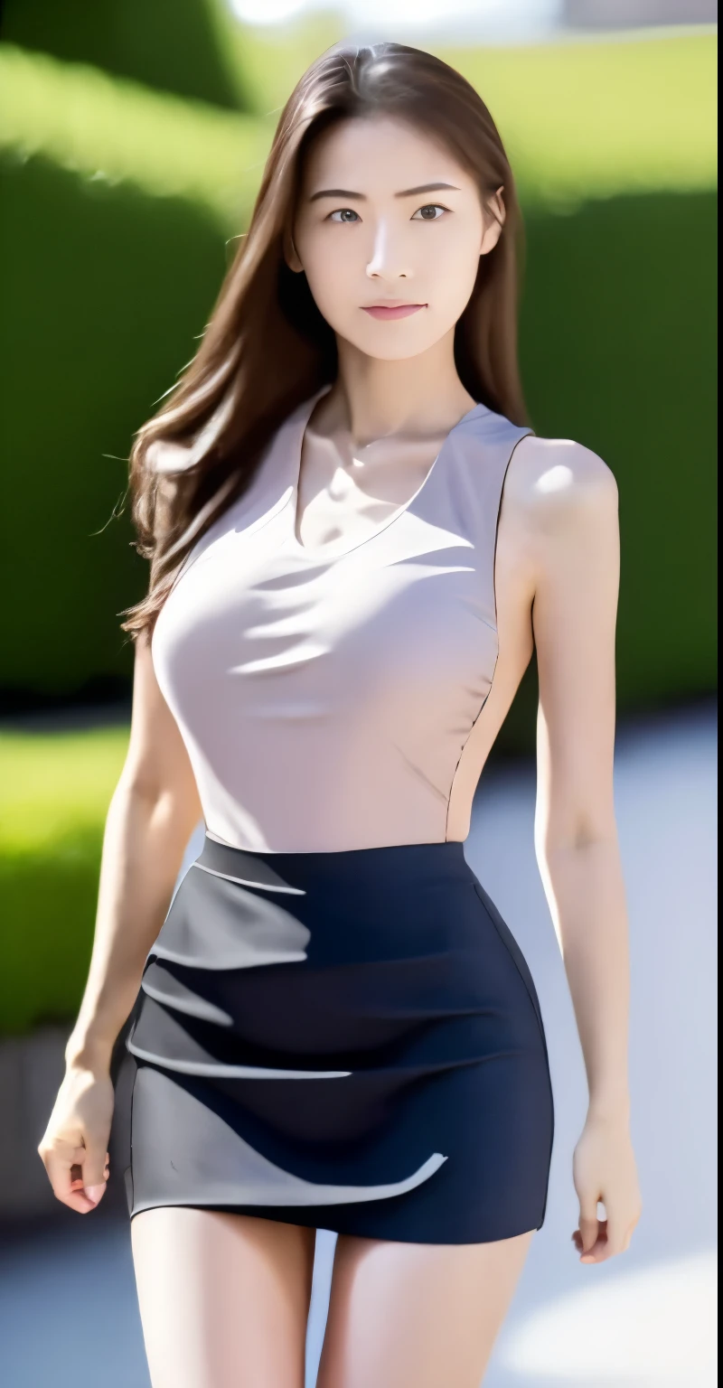 (highest quality, 8K, 32K, masterpiece, UHD:1.2), from behind, 1 beautiful girl, beautiful japanese office lady, (looking at the viewer), super mini skirt、a little chubby, white sleeveless, Miniskirts in pastel colors, , nice weather in the park, machine,  (huge breasts, buttocks:1.2), detailed beautiful face, ponytail hair, from below, raise one leg