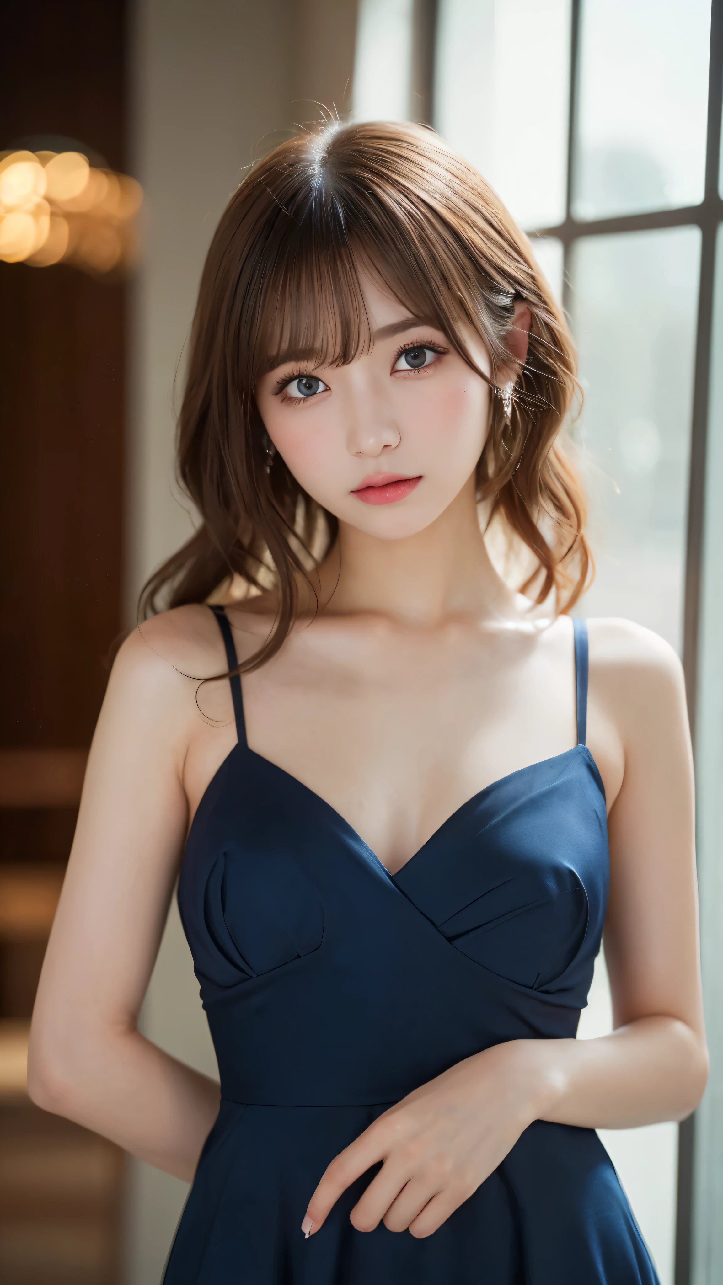 (masterpiece:1.5)、(realistic:1.5)、(highest quality:1.4、8K、RAW photo)、
ultra high resolution、professional lighting、perfect dynamic composition、indoors、
film grain、chromatic aberration、(Bokeh:1.1)、
Frank、Sophisticated、Charm、surreal、high detail、golden ratio、
(1 girl)、slender girl、繊細でCharm女の子、cute woman:1.4、
serious expression、looking at the viewer、
light brown hair、shining hair、Random cute hairstyles、
skin that looks real、
close your mouth、fine eyes、double eyelid、thin arms、
(wearing a dark blue party dress)