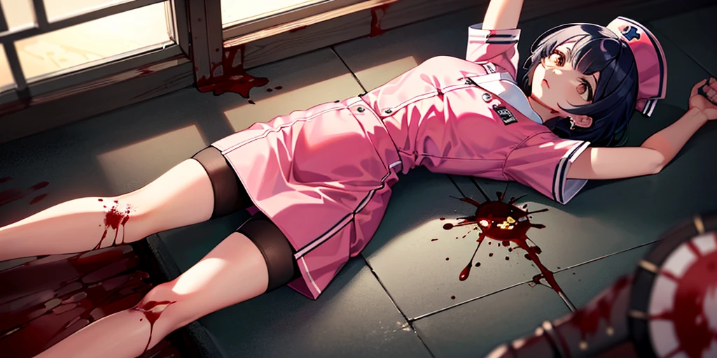 (Lie on the ground:1.2), kujousaradef, nurse, hospital, indoor, Day, window, short hair, null, temple, stage, Mountain, ear piercing, ((Killed)), ((From above)), (cinematic lighting), dutch angle, ((Sea of Blood)), ((Bloody Body)), (rape face), (Put your arms on the ground), (((horror))), nurse uniform, mini skirt, stockings, ((masterpiece)), (((high quality))), nurse hat, pink nurse uniform, health room,