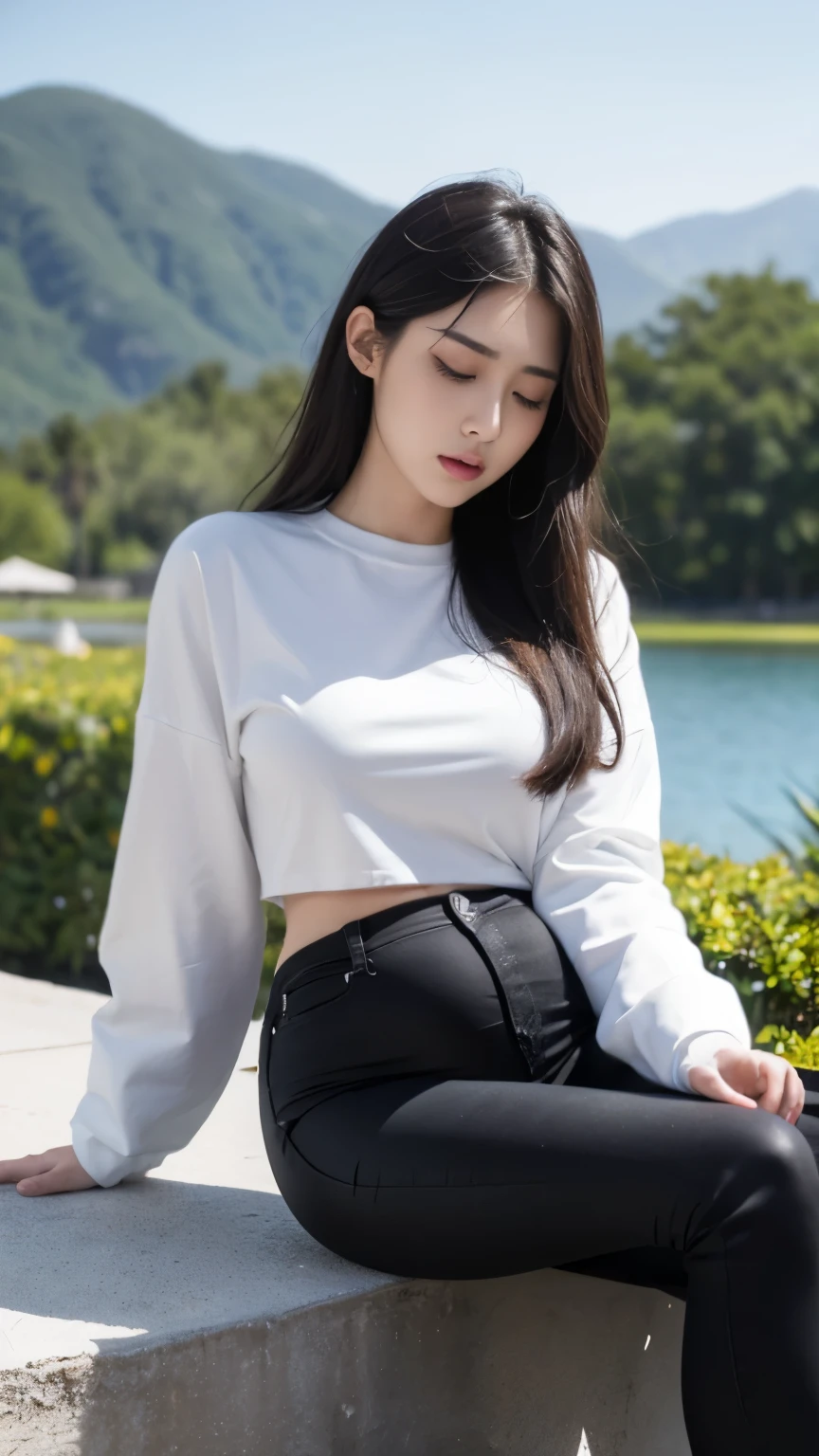 (photorealistic),(masterpiece),(ultra-detailed),a very pretty and sexy 20 year old girl holding more than liters of pee, wearing crop bubble jacket and tight black jeans, hands jammed between thighs, legs crossed tightly, lower abdomen part of the tight black jeans bulging from full bladder as sphere that is big as her as if she was fully nine months pregnant but smooth rounded ,enduring extreme urge to pee,eyes slightly closed,pee about to come out,sweating