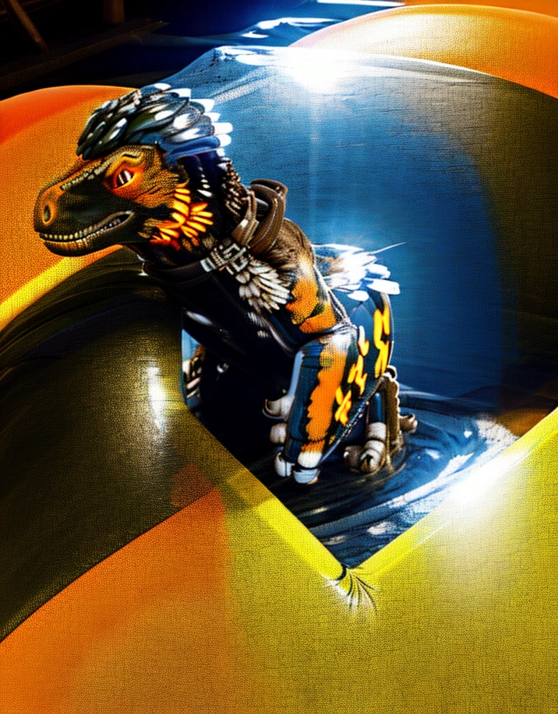 Ultra high resolution, best quality, masterpiece, extremely detailed raw photograph, (half transformation), human shiny smooth polyvinyl feathered deinonychus velociraptor inflatable suit hybridization metamorphosis, in gymnasium pool at night, (half human), ((((red yellow orange)))), ((liquid polyvinyl goo partial dripping encasement)), human feathered velociraptor inflatable suit hybrid, front zipper, plastic handlebars, air valve nozzle, GoPro selfie