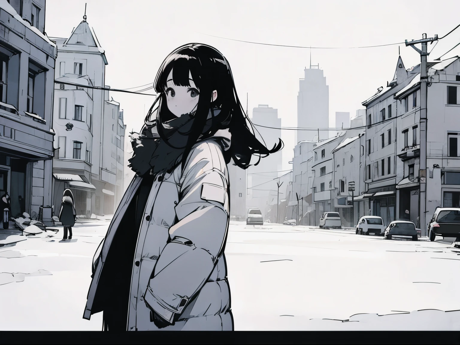 Comic style、black and white、Tone processing、Standing picture、white background、girl in winter clothes、head shot、city background