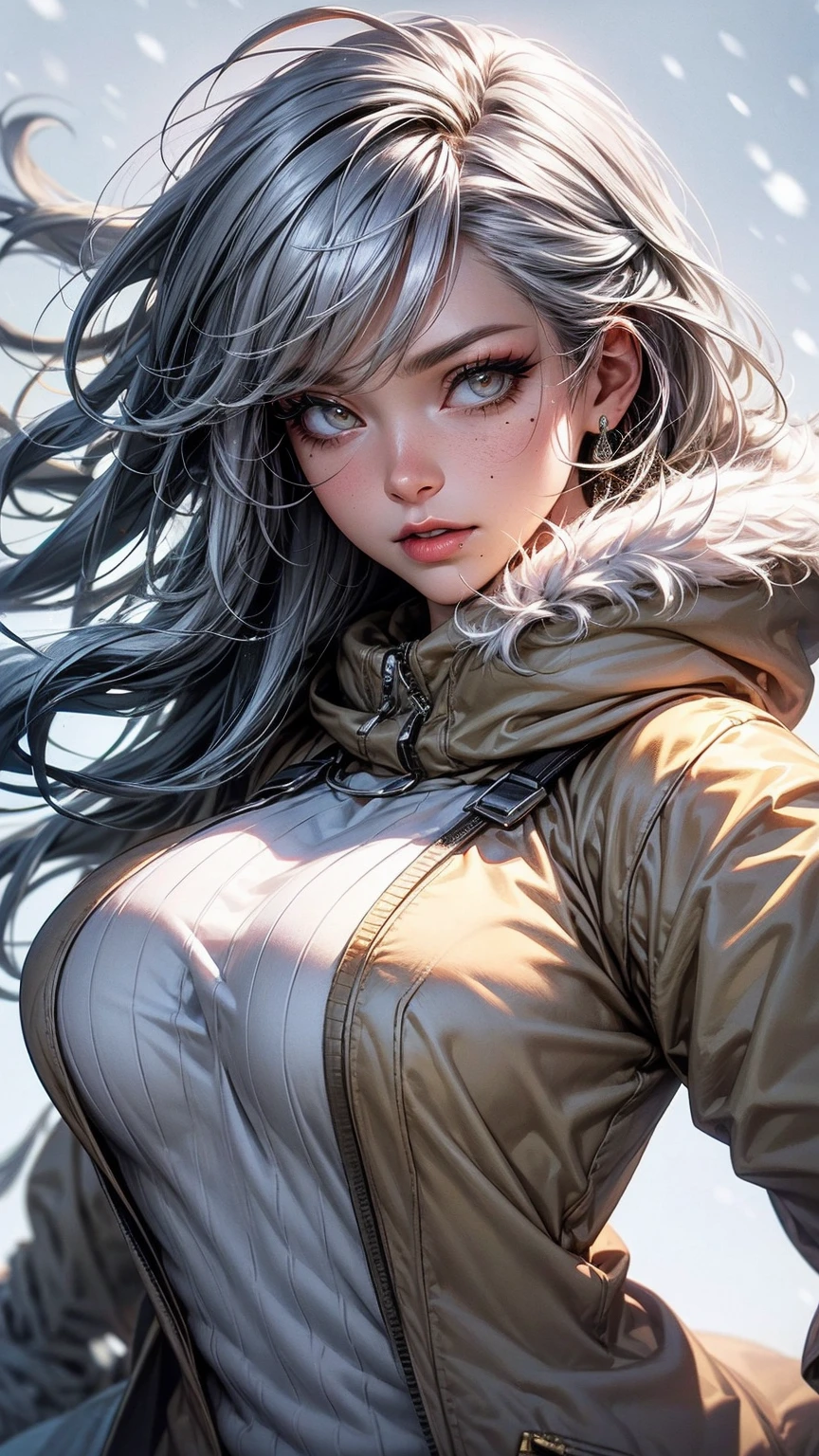 A 30 year old women, silver hair, thik eye shadow, double eyelashes, nose, red cheeks, yellow eyes, mole under eyes, white skin, wearing sweater with fur hoodie, big breast, snowfall, wind blowing, snow background, front view, masterpiece quality, UHD, super detailed eyes, ultra detailed image, High quality image, High quality, 16k, 32k