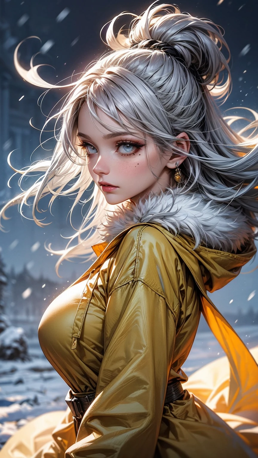 (award winning 64k concept art:1.2) of (young woman:1.2) in fur coat, fur hat, sweet, holding her breath, front, epic, god rays, centered, (upper body:1.2), (masterpiece:1.2), (best quality:1.3), Amazing, highly detailed, beautiful, finely detailed, warm soft color grading, (Depth of field:1.4), extremely detailed 64k, fine art, stunning, (light reflections:1.3), (crisp:1.6), silver short curls, winter, vibrant, sunlit, (edge detection:1.4), absurdres, impressive, 120mm, glittering, extremely clear, lens flare, motion lines