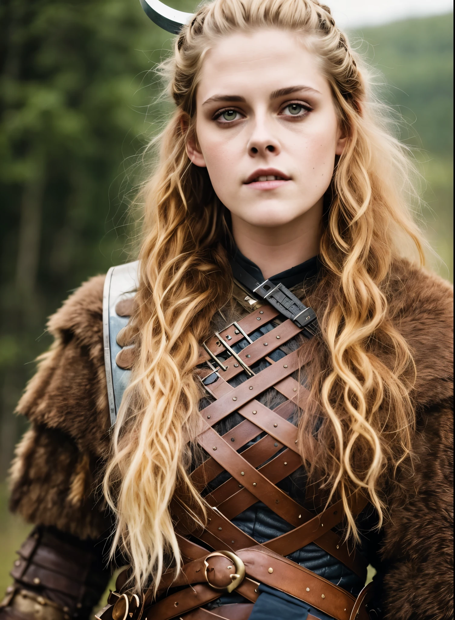 Looks like Kirsten Stewart, A stunning intricate full color portrait of (sks woman:1) as (viking warrior), (barbarian),  Barbarian warrior queen,  fluffy streax hair, styled hair, epic character composition, by ilya kuvshinov, alessio albi, nina masic, sharp focus, natural lighting, subsurface scattering, f2, 35mm, film grain, 