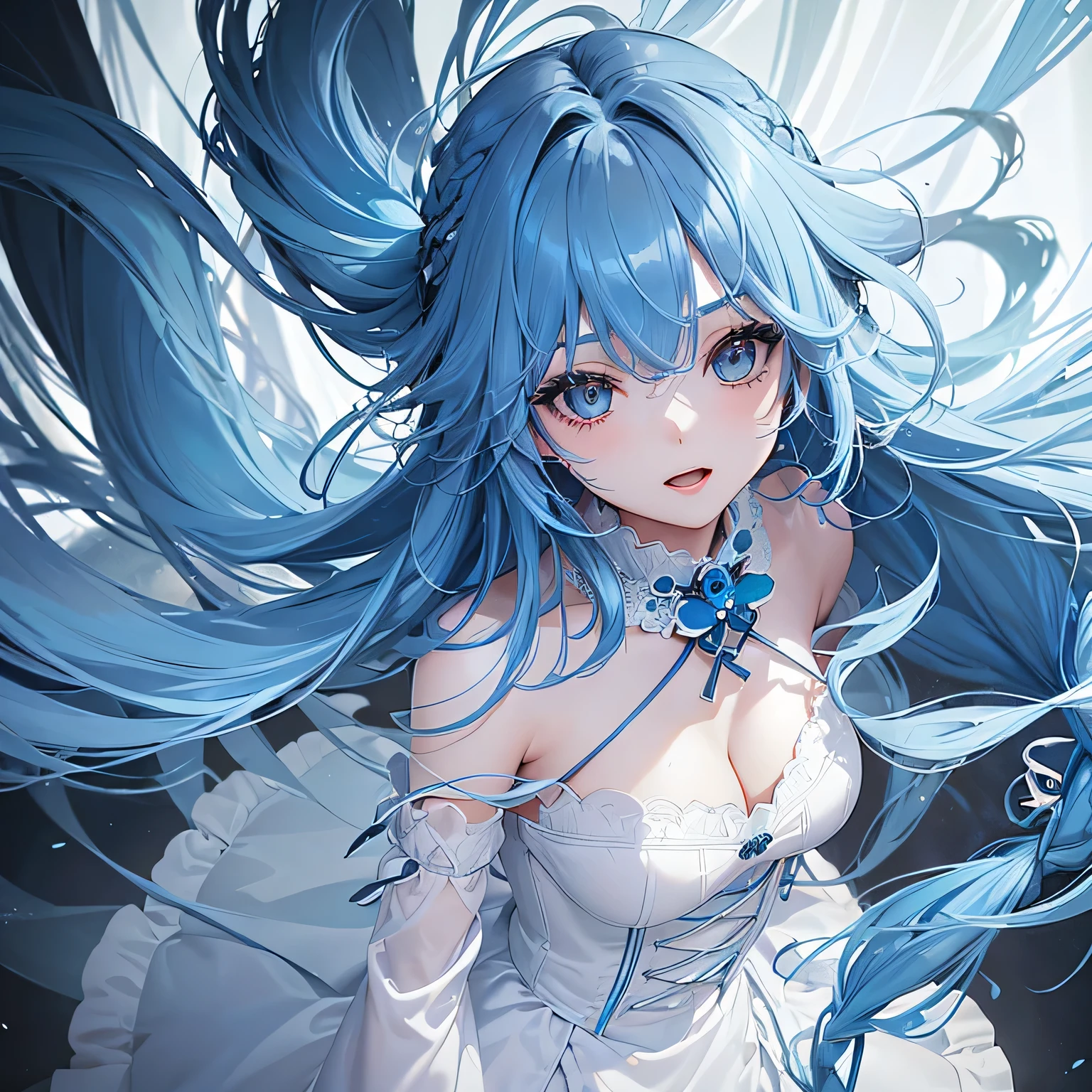 1 girl,Depp's Sense,confused,catch light,Super beautiful illustration,(blue hair,long hairstyles:1.6),turn around,eye shadow,(white clothes,Gothic Lolita),Upper body,;d,beautiful and delicate flowing hair,delicate and detailed green eyes,emphasized chest,big breasts