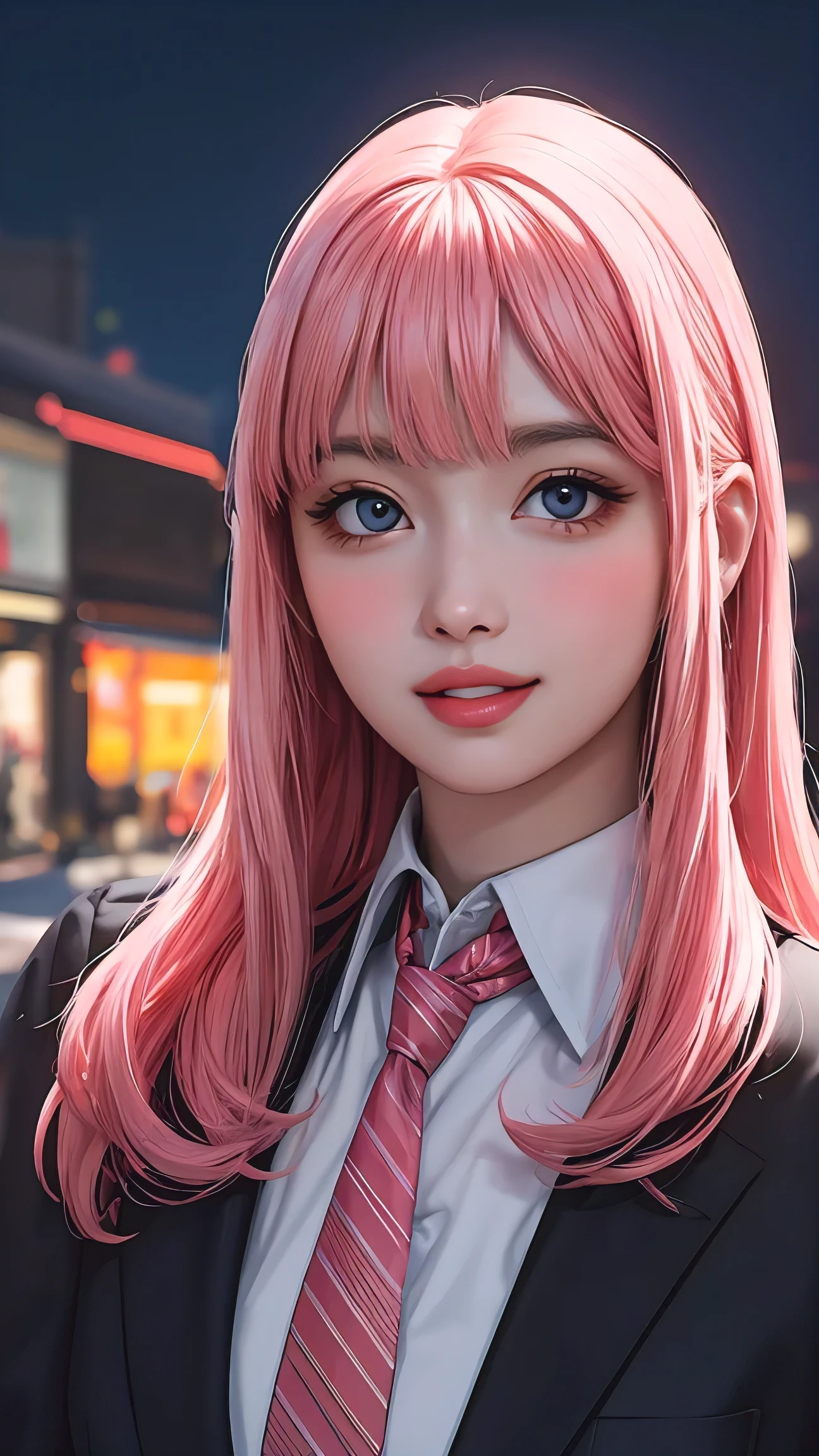 1girl, long pink hair, red horns, white collared shirt, black necktie, light smile, yellow eyes, corneo_power,, buildings,shops,town streets, dark sky, scenery,neon signs,night city, japanese lyrics,, , absurdres, detailed eyes, extremely detailed, volumetric lighting, realistic, realistic lighting, 8k, cinematic lighting, depth of field, perfect, hyper-detailed, photorealistic, ultra realistic, realistic light, hard lighting, intricate details, stop motion, tonemapping, sharp focus, hyper detailed,