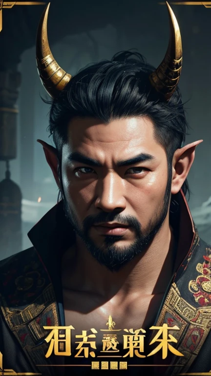oriental、man with horns on his head、game poster、masterpiece、super resolution、(realistic:1.4)、