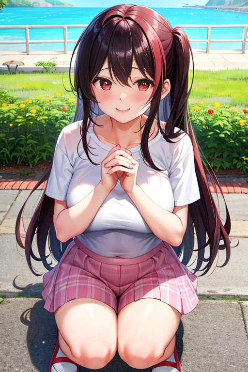 Super detailed，masterpiece，best quality，harf，View，blush blush，Yazawa Nico,red eyes, Blunt hair, 1 female、White clothes、The belly is visible，White bun hairstyle， black hair color hair、chubby、Smile、pale pink lips、Soaked all over，oestrus，Blushed，visible、Red yoga pants，Sit with your knees folded，wet hair，messy hair，on the ground，Squat on your knees，屈膝sit down，front view，Place your fingers on your lips，Legs slightly open，Legs not together，sit down，Hands together，front shot，坐on the ground