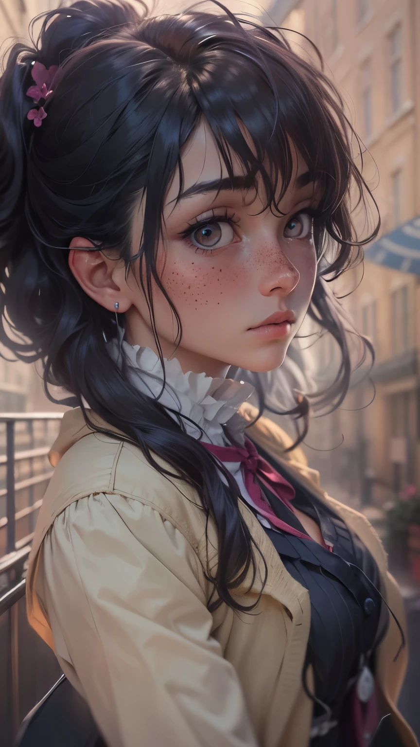 sad look. beautiful androgynous woman, 25 years old, black long hair, Looking seriously at the camera, freckles on face,(background: 19th century British street), (At night), flowing wave,