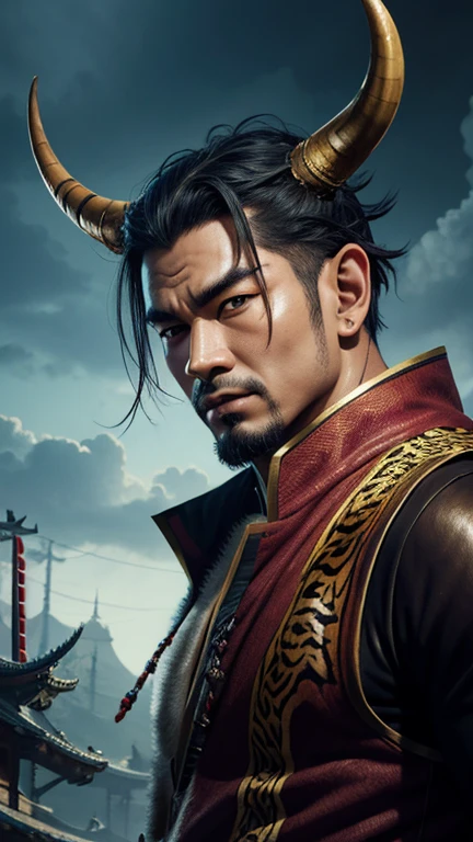 oriental、man with horns on his head、game poster、masterpiece、super resolution、(realistic:1.4)、solo、man wearing tiger skin、