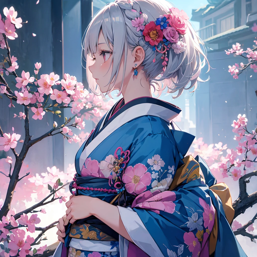 1 girl, alone, short hair, hair ornaments, jewelry, kimono, Upper body, flower, gray hair, flower in hair, necklace, From the side, profile, pink flower, blue flower, abstract,