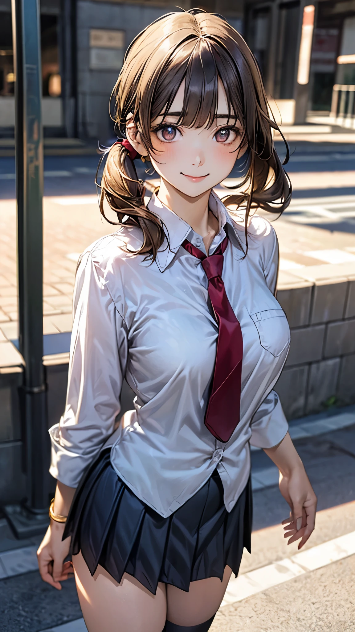 (masterpiece:1.2, top-quality), (realistic, photorealistic:1.4), beautiful illustration, (natural side lighting, movie lighting), nsfw,
looking at viewer, cowboy shot, front view:0.6, 1 girl, japanese, high school girl, perfect face, cute and symmetrical face, shiny skin,
(long hair:1.6, side ponytail:1.5, light brown hair), blunt bangs, gold eyes, long eye lasher, (large breasts:0.8, thick thighs),
beautiful hair, beautiful face, beautiful detailed eyes, beautiful clavicle, beautiful body, beautiful chest, beautiful thigh, beautiful legs, beautiful fingers,
(((navy jacket), white collared shirts, grey pleated mini skirt, black socks, black loafers, red tie)),
(beautiful scenery), evening, riverside, standing, (cute, lovely smile, upper eyes),