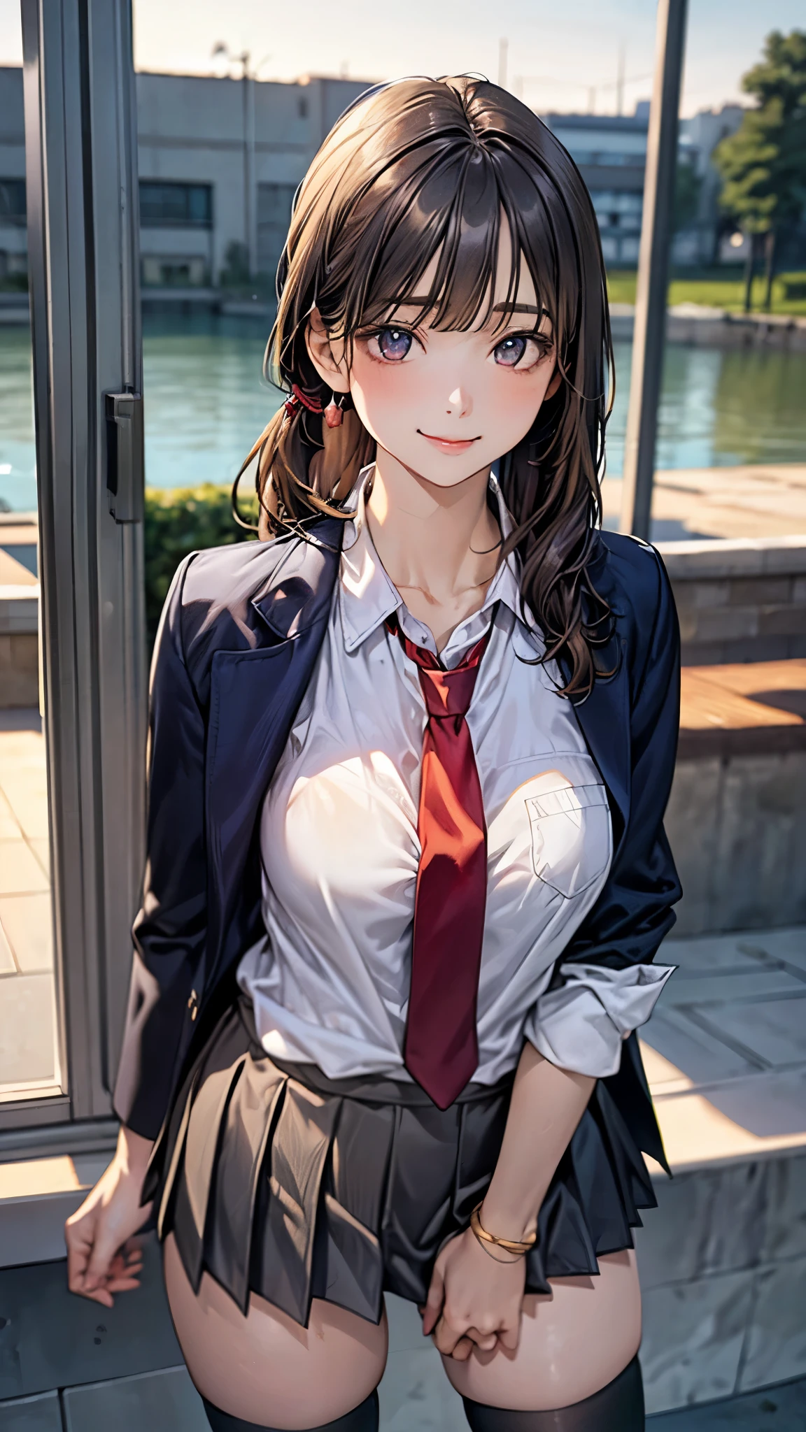 (masterpiece:1.2, top-quality), (realistic, photorealistic:1.4), beautiful illustration, (natural side lighting, movie lighting), nsfw,
looking at viewer, cowboy shot, front view:0.6, 1 girl, japanese, high school girl, perfect face, cute and symmetrical face, shiny skin,
(long hair:1.6, side ponytail:1.5, light brown hair), blunt bangs, gold eyes, long eye lasher, (large breasts:0.8, thick thighs),
beautiful hair, beautiful face, beautiful detailed eyes, beautiful clavicle, beautiful body, beautiful chest, beautiful thigh, beautiful legs, beautiful fingers,
(((navy jacket), white collared shirts, grey pleated mini skirt, black socks, black loafers, red tie)),
(beautiful scenery), evening, riverside, standing, (cute, lovely smile, upper eyes),