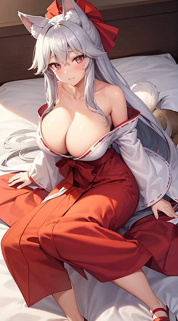 1 girl with big breasts、long gray hair、gold eyes、shy face、fox ears、fox tail、white kimono、red hakama、beast ear maiden、phoenix pattern、on the bed、Lying down position、