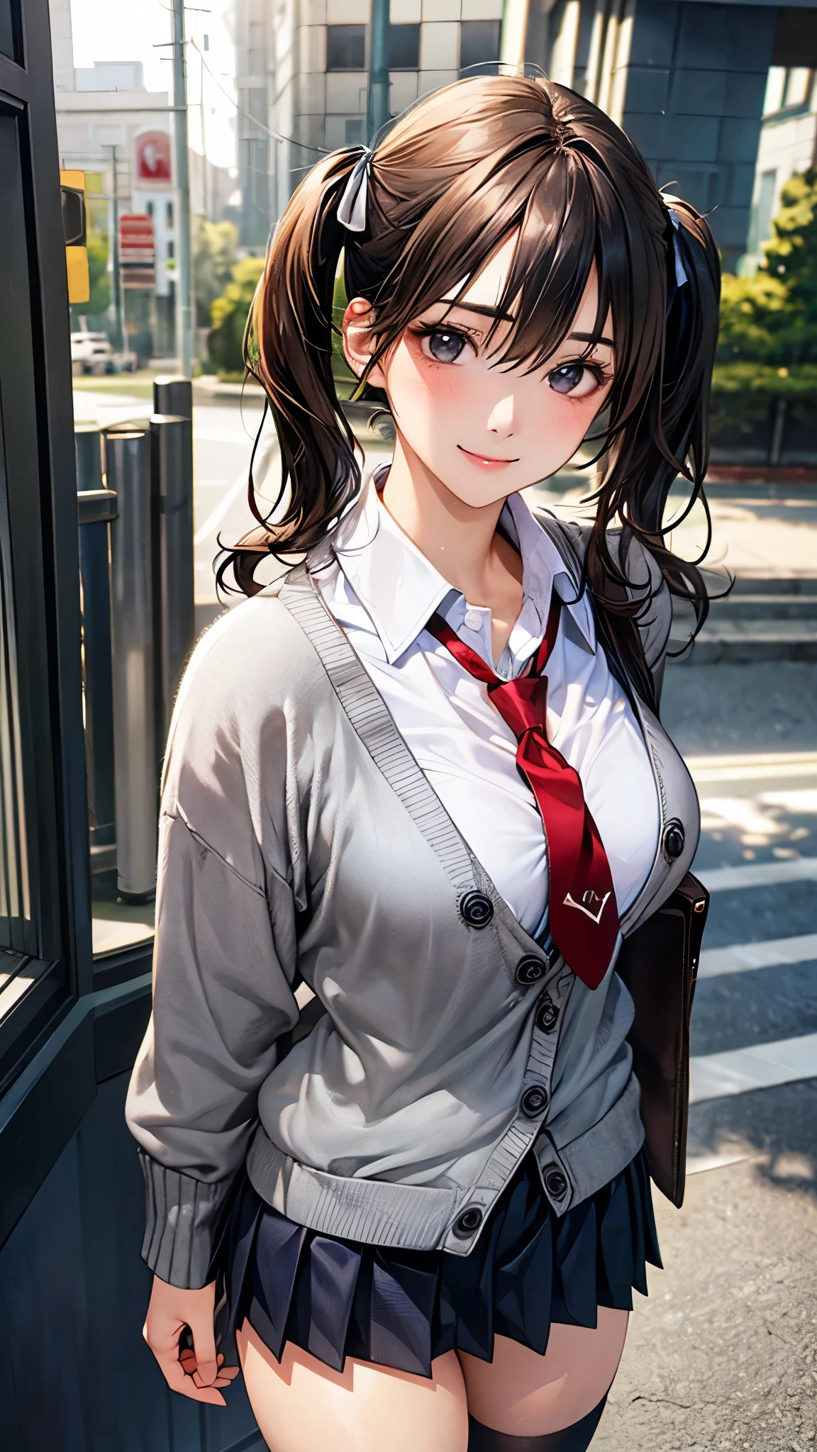 (masterpiece:1.2, top-quality), (realistic, photorealistic:1.4), beautiful illustration, (natural side lighting, movie lighting), nsfw, 
looking at viewer, cowboy shot, front view:0.6, 1 girl, japanese, high school girl, perfect face, cute and symmetrical face, shiny skin, 
(short hair:1.5, twintails:1.5, dark brown hair), hair between eyes, black eyes, long eye lasher, (large breasts:0.6, thick thighs), 
beautiful hair, beautiful face, beautiful detailed eyes, beautiful clavicle, beautiful body, beautiful chest, beautiful thigh, beautiful legs, beautiful fingers, 
(((grey cardigan), white collared shirts, grey pleated mini skirt, navy socks, brown loafer, red tie), black hair ribbon), 
(beautiful scenery), evening, riverside, standing, (evil smile), 