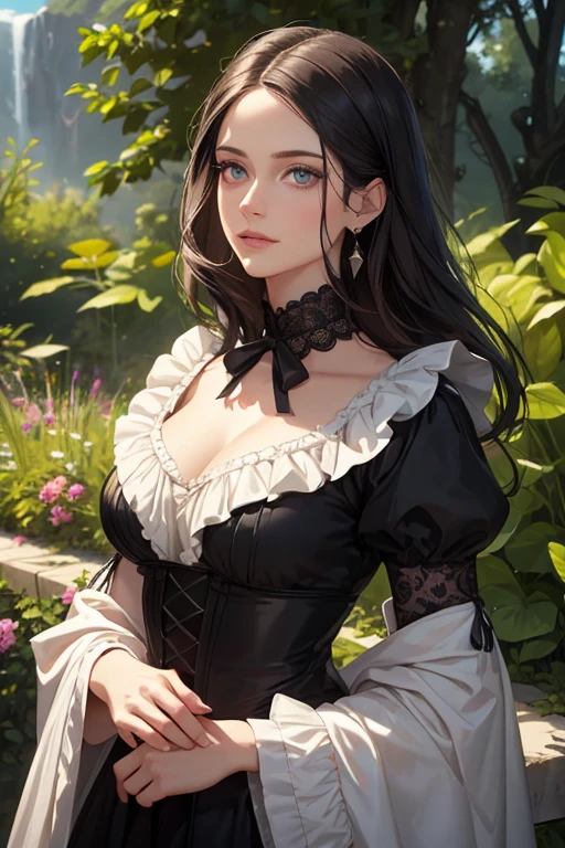 Mary Shelley as a 20-year-old, modern-day outfit, detailed eyes, detailed lips, extremely detailed face, long eyelashes, best quality, 4k, highres, masterpiece:1.2, ultra-detailed, realistic:1.37, vivid colors, medium:oil painting, portraits, delicate brushstrokes, elegant, contemporary atmosphere, natural lighting, vibrant color palette, sleek and stylish attire, confident pose, scenic background, immersive garden setting.