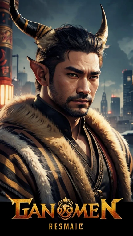 oriental、man with horns on his head、game poster、masterpiece、super resolution、(realistic:1.4)、solo、tiger pattern clothing、man in fur、No background、