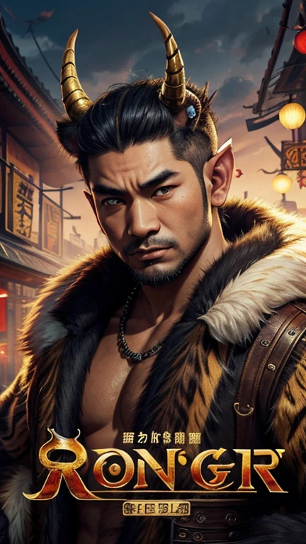 oriental、man with horns on his head、game poster、masterpiece、super resolution、(realistic:1.4)、solo、tiger pattern clothing、man in fur、No background、
