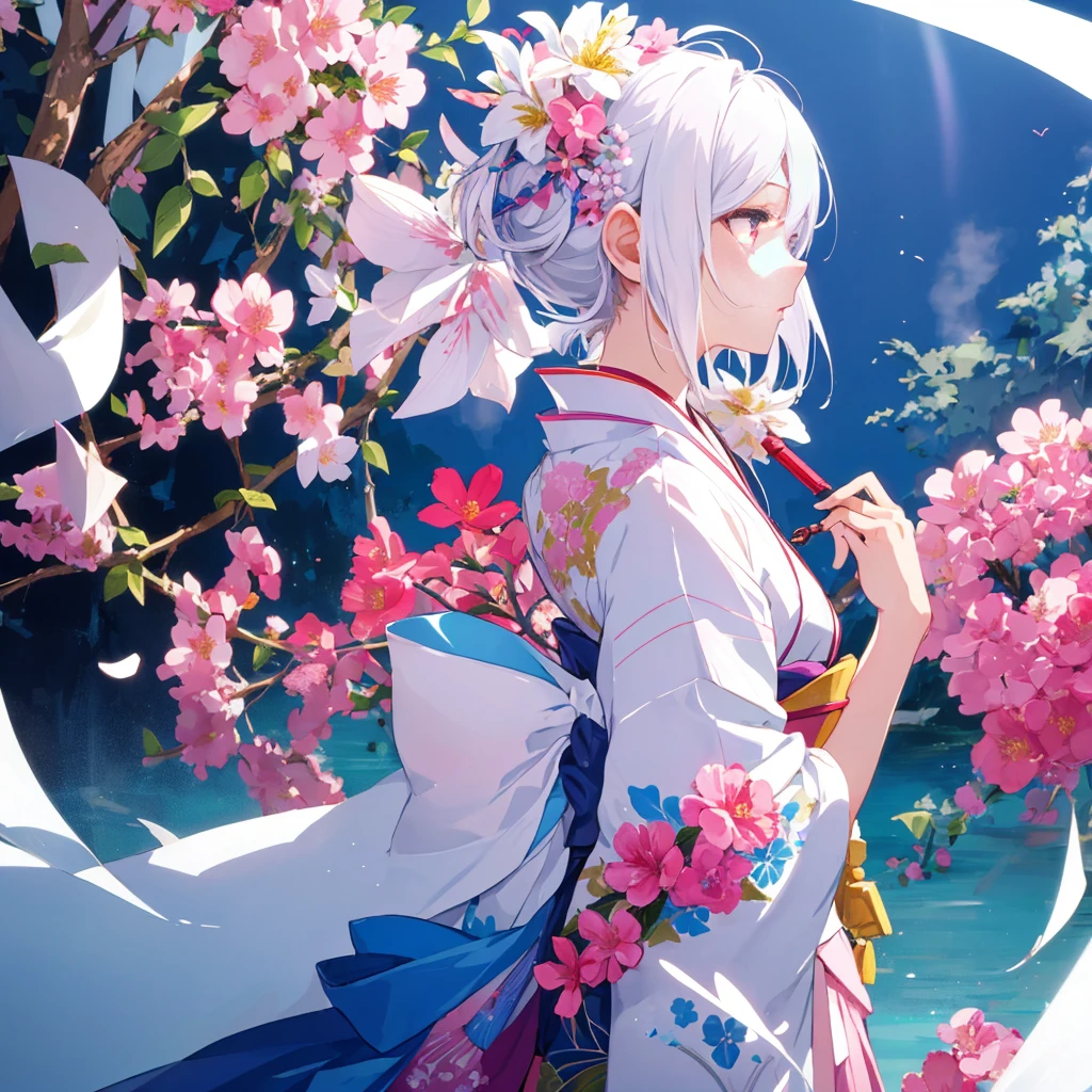 1 girl, solo, short hair, hair ornament, jewelry, kimono, upper body, flower, white hair, flower in hair, necklace, from side, profile, pink flower, blue flower, abstract, sword in hand,