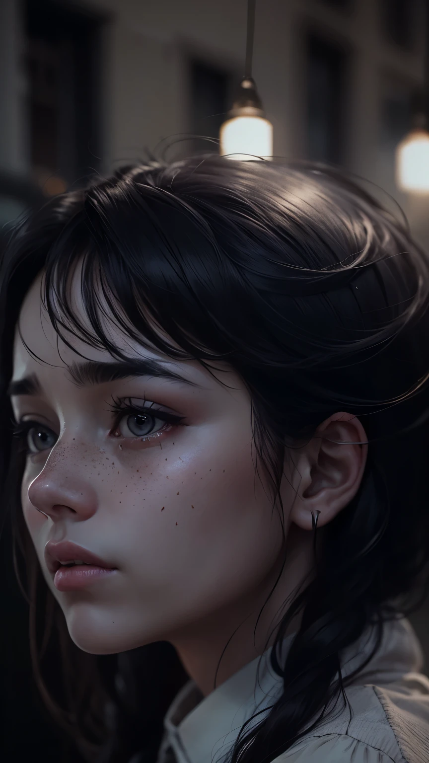 sad look. beautiful woman, 23 years old, black long hair, sad look으로 카메라를 쳐다보며, few freckles on face, (background: 19th century British street at night), flowing wave,