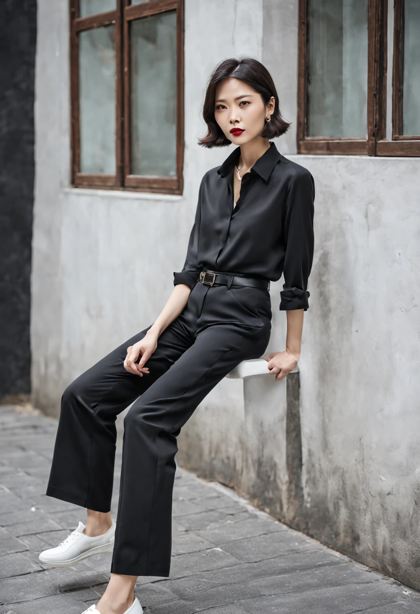 Asian woman a little old but still sexy in a black silk suit