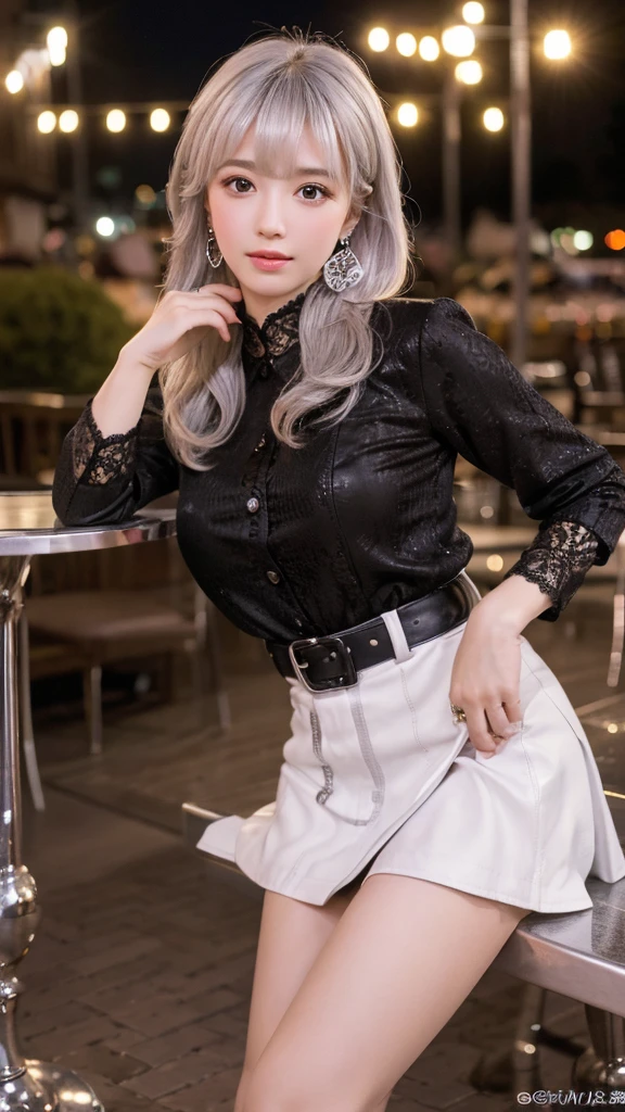 night,outside In town,Light up at night,cowboy shot,standing,fashion model posing,lace-up boots,(leather skirt),camel coat,earrings,knee-high socks,bracelet,sideswept bangs,(Thighs),(highest quality,4K,8K,High resolution,table top:1.2),super detailed,highly detailed eyes and face,beautiful and fine eyes,beautiful detailed lips,long eyelashes,((realistic)),realistic:1.37,Japanese,fine white skin,beautiful and magnificent composition,Marshmallow-like skin,table top,Charm,pose for a photo,cute,((silver hair color)),