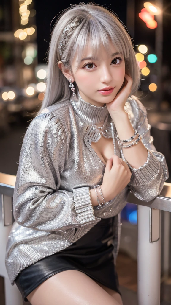 night,outside In town,Light up at night,cowboy shot,standing,fashion model posing,lace-up boots,(leather skirt),camel coat,earrings,knee-high socks,bracelet,sideswept bangs,(Thighs),(highest quality,4K,8K,High resolution,table top:1.2),super detailed,highly detailed eyes and face,beautiful and fine eyes,beautiful detailed lips,long eyelashes,((realistic)),realistic:1.37,Japanese,fine white skin,beautiful and magnificent composition,Marshmallow-like skin,table top,Charm,pose for a photo,cute,((silver hair color)),