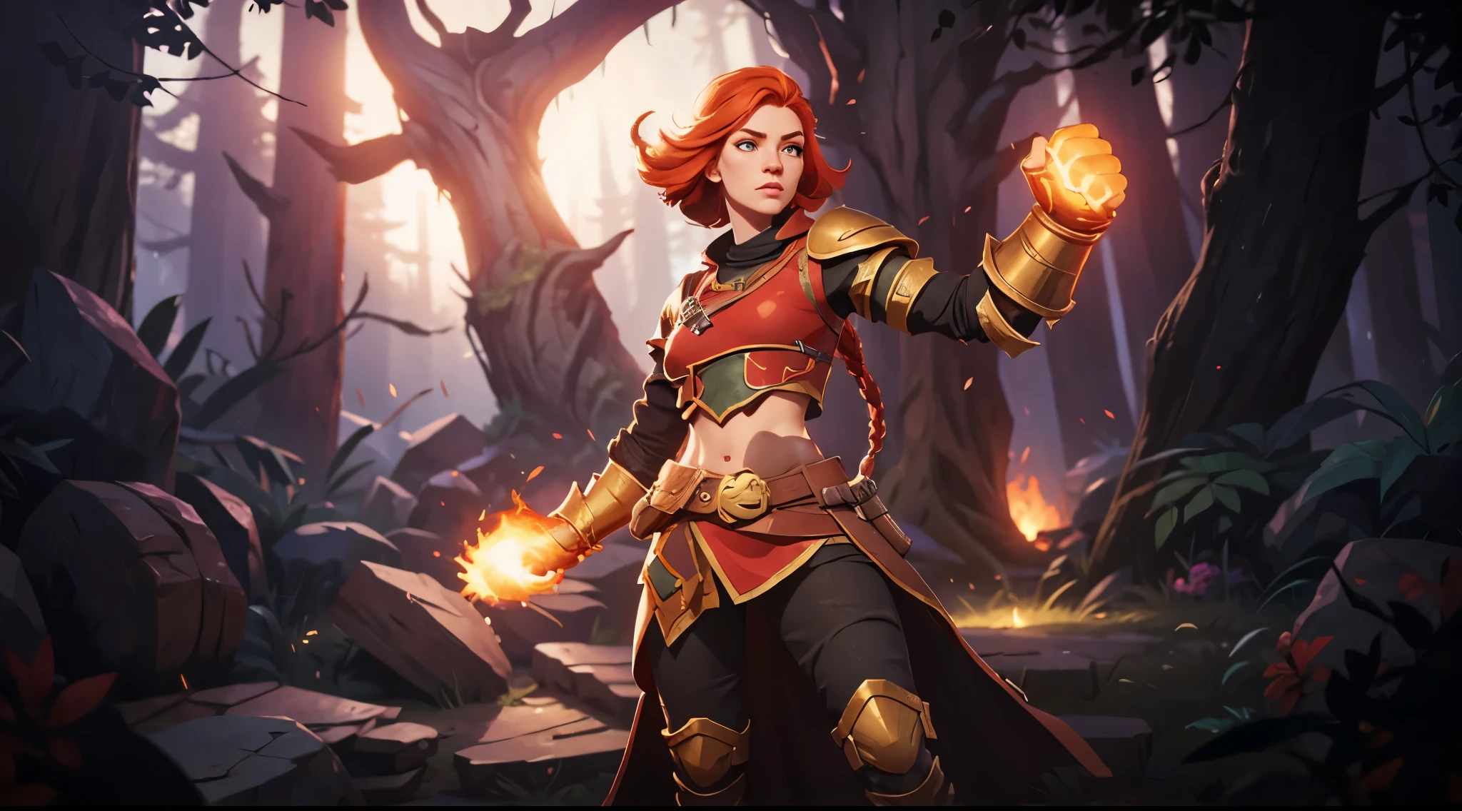 1girl, glowing fist, game character, dota 2 aesthetic, digital art, forest, ginger hair, 8k, hd, wearing leather armor, bob hair