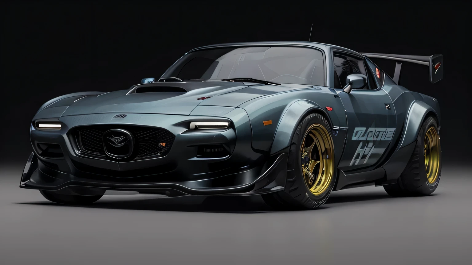 uma vista frontal 3/4 dos ((futurista cyberpunk Mazda RX7 )) (com pneus brilhantes), no estacionamento,