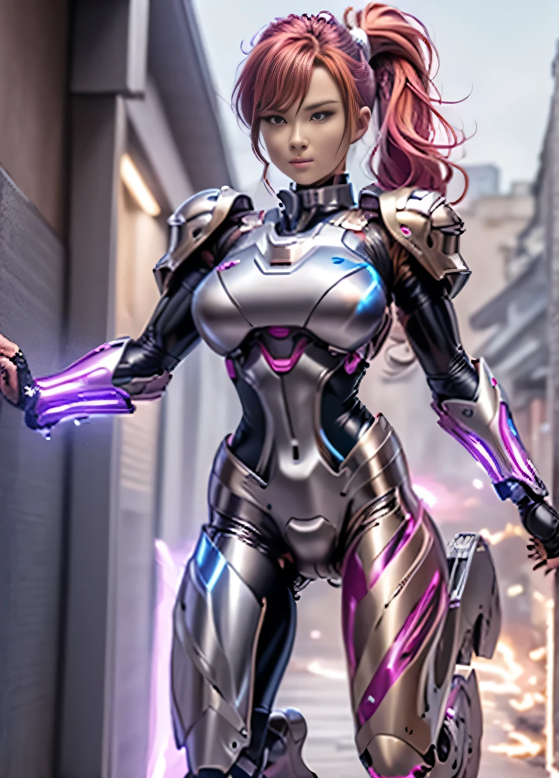 female robocop solo、Armor that completely covers the whole body、very large armor、Helmet to hide your eyes、Rainbow Armor、Armor that completely covers the chest、thin and long legs、Vibrant Posel Body View、big and full breasts:1.5, (Moving body:1.5), Arafe woman solo with ponytail hair