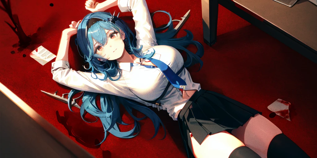 (Lie on the ground), 1 girl, alone, ((white shirt)), black Thighhighs, huge breasts, cleavage, uniform, office background, black skirt, pleated skirt, office, hair between eyes, large chest, long hair, blue hair, Blue short claws, alone, Thighhighs, ((Killed)), ((From above)), (cinematic lighting), dutch angle, ((Sea of Blood)), (Bloody ground), ((Bloody Body)), (rape face), (Sagging hair), (Put your arms on the ground), (((horror))), thick thighs, long hair, ((masterpiece)), (((highest quality))), name tag, id tag, indoor, golden hair clip,
