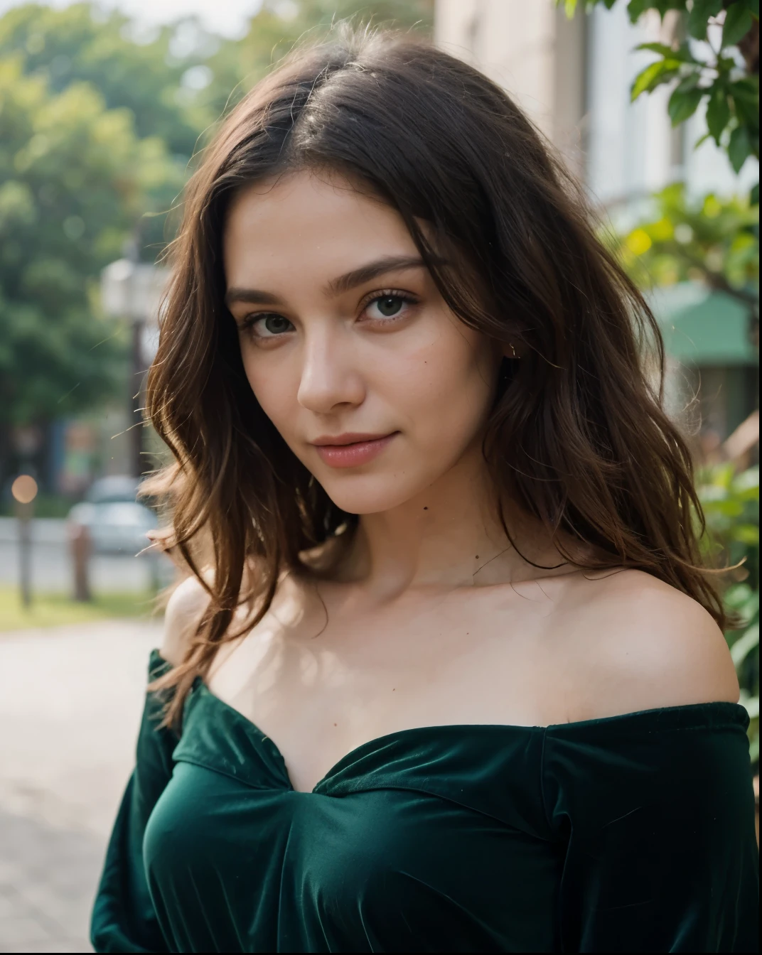 Cute beautiful sexy European light-green-eyed brunette, 22 years old, 

 girl in a dark green velvet dress, stylish velvet dress,  full body view, velvet  dark green dress, dark green dress, elegant dress,  castle ruins, nature, pumps, full body view,

innocent face, face-length 1.3 times the face-width, almond-shaped eyes, squared face-shape, high cheekbones, naturally wavy hair, light-green eyes, high-res, masterpiece, best quality, intricate details, very detailed, sharp focus, detailed skin, realistic skin texture, texture, detailed eyes, professional, 4k, charming smile, shot with Canon, depth of field, Kodak Vision color, perfectly fitting body, extremely detailed, photo_\( ultra\), photorealistic, realistic, post processing, maximum details, roughness, real life, ultrarealistic, photorealism, photography, 8k UHD, photography
