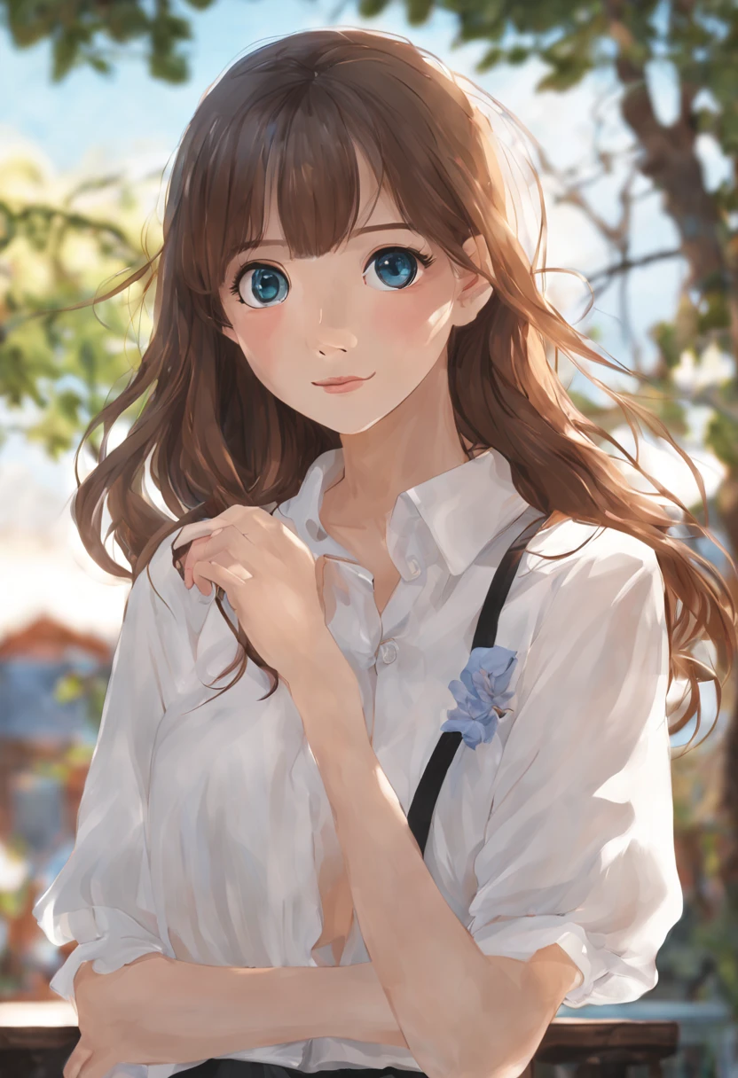 Please draw a portrait of a young Japanese woman。17 years old、She has shoulder-length brown hair and blue eyes。She smiled、There is a bright expression on the face。she is wearing a transparent white blouse、Buttons up to the chest are undone。she is wearing a tight skirt、I'm wearing black pumps。The background should be a cafe.。