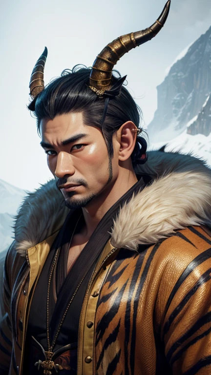 oriental、man with horns on his head、game poster、masterpiece、super resolution、(realistic:1.4)、solo、tiger pattern clothing、man in fur、No background、