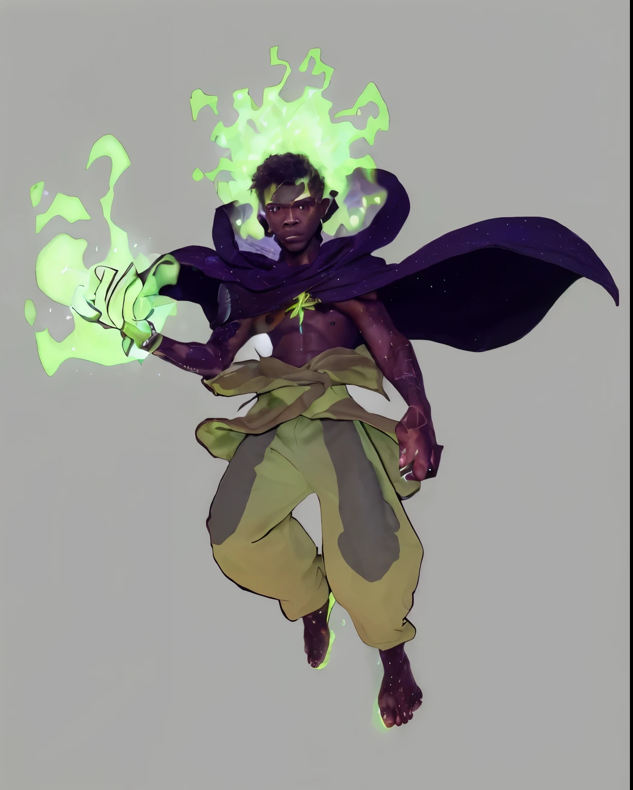 an angry floating black boy with glowing green stardust hair and glowing green stardust in his hand. His eyebrows are green and glowing. His skin looks like a starry night sky. His cloak of stars is flowing, his brown shirt is ripped, and he is wearing brown pants. A green glowing north star tattoo is on his chest and his pupils are green and glowing