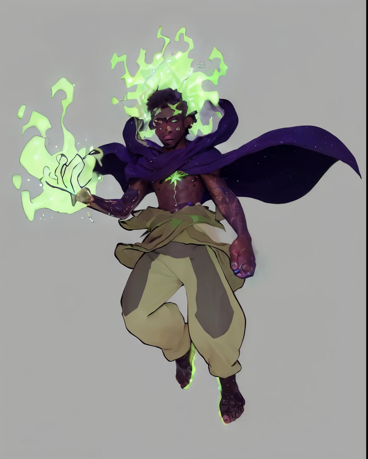 an angry floating black boy with glowing green stardust hair and glowing greenstardust in his hand. His eyebrows are green and glowing. His skin looks like a starry night sky. His cloak of stars is flowing, his brown shirt is ripped, and he is wearing brown pants. A green glowing north star tattoo is on his chest and his pupils are green and glowing. 