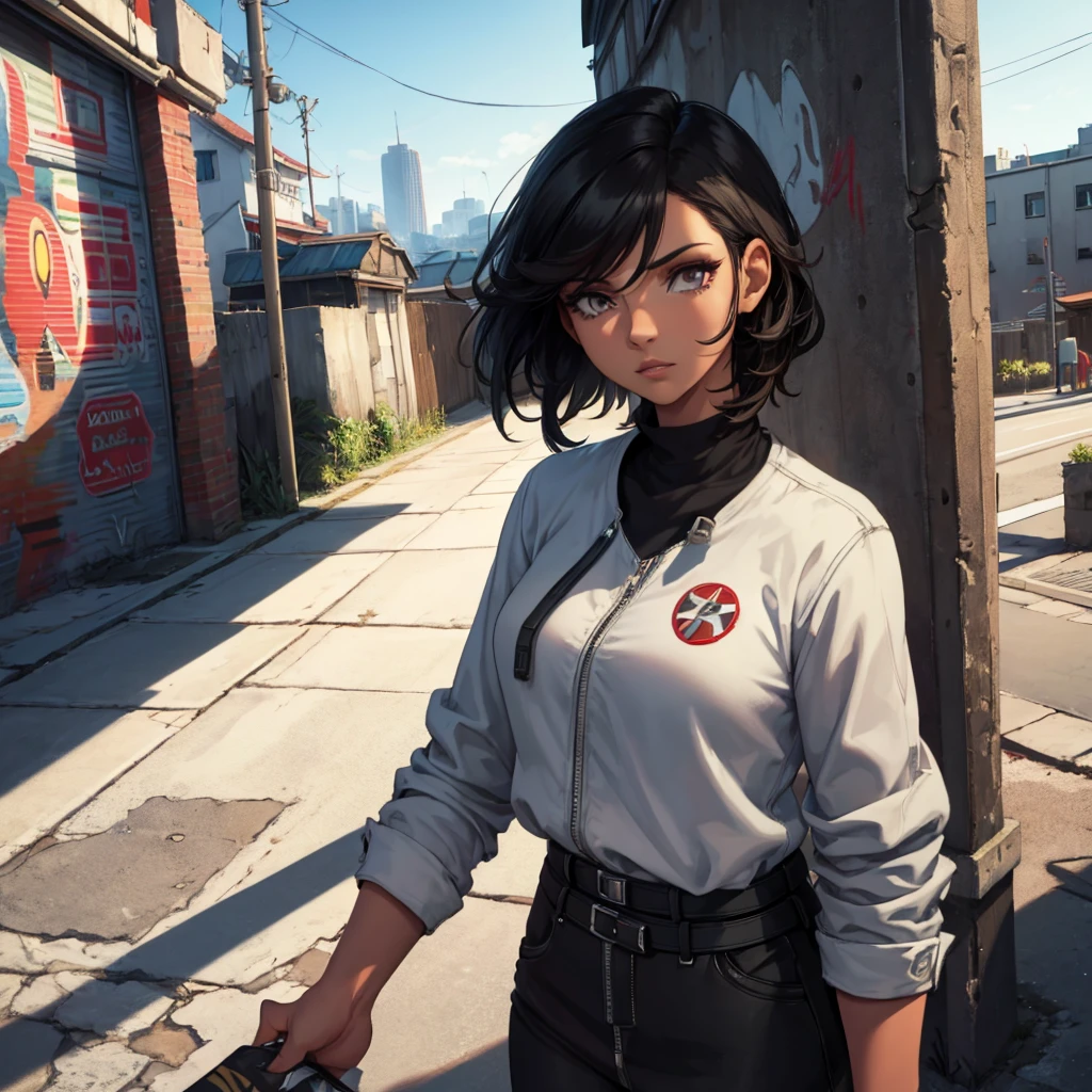 (best quality,4k,8k,highres,masterpiece:1.2),ultra-detailed,realistic,portrait,black hair,beautiful detailed eyes,beautiful detailed lips,dark-skinned,stylish outfit,serious expression,confident posture,hands in pockets,dynamic lighting,subtle shadows,vibrant colors,artistic brushwork,modern style,cool tones,cityscape background,concrete buildings,graffiti-covered walls,streets bustling with activity,expressive brushstrokes,urban atmosphere