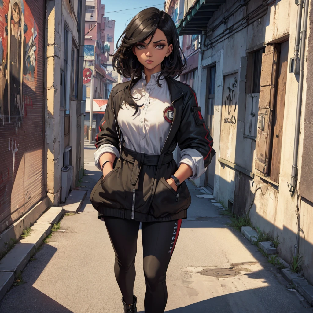 (best quality,4k,8k,highres,masterpiece:1.2),ultra-detailed,realistic,portrait,black hair,beautiful detailed eyes,beautiful detailed lips,dark-skinned,stylish outfit,serious expression,confident posture,hands in pockets,dynamic lighting,subtle shadows,vibrant colors,artistic brushwork,modern style,cool tones,cityscape background,concrete buildings,graffiti-covered walls,streets bustling with activity,expressive brushstrokes,urban atmosphere