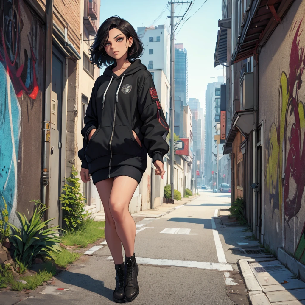 (best quality,4k,8k,highres,masterpiece:1.2),ultra-detailed,realistic,portrait,black hair,beautiful detailed eyes,beautiful detailed lips,dark-skinned,stylish outfit,serious expression,confident posture,hands in pockets,dynamic lighting,subtle shadows,vibrant colors,artistic brushwork,modern style,cool tones,cityscape background,concrete buildings,graffiti-covered walls,streets bustling with activity,expressive brushstrokes,urban atmosphere