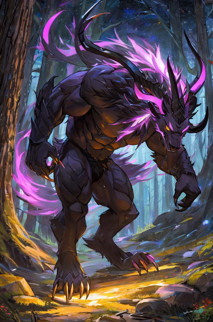 detailed fur, fierce expression, muscular build, intense gaze, long claws, bushy tail, majestic horns, moonlit forest, dark atmosphere, mystical aura, traditional oil painting, (best quality, highres), vivid colors, dramatic lighting