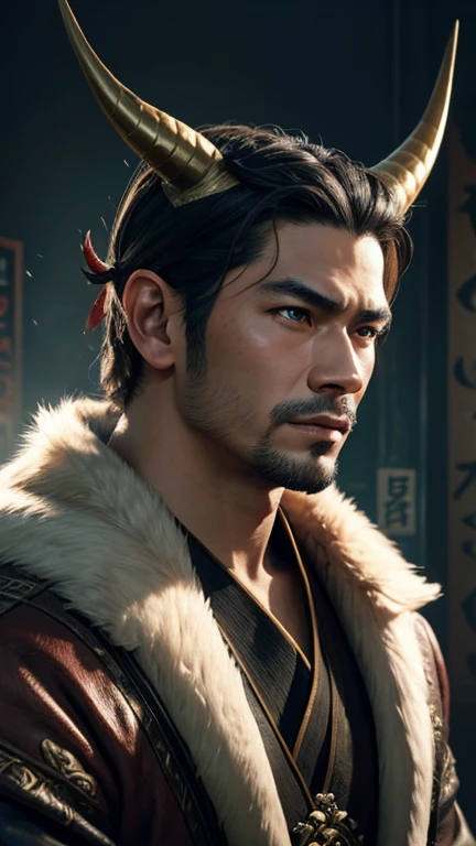 oriental、man with horns on his head、game poster、masterpiece、super resolution、(realistic:1.4)、solo、man in fur、No background、
