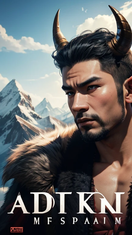 oriental、man with horns on his head、game poster、masterpiece、super resolution、(realistic:1.4)、solo、man in fur、No background、