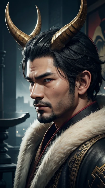 oriental、man with horns on his head、game poster、masterpiece、super resolution、(realistic:1.4)、solo、man in fur、No background、