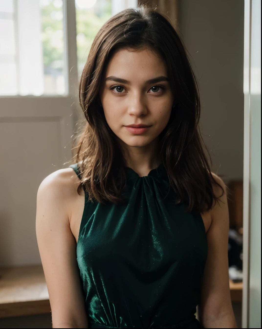 Cute beautiful sexy European light-green-eyed brunette, 22 years old,
girl in a green dress, dark green dress, she wears a dark green dress, green dress, wearing an elegant dress, elegant dress, sophisticated dress, full body green dress, green dress with a black hood, vine dress, extravagant dress, black velvet dress, revealing stylish dress, astral dress,
innocent face, face-length 1.3 times the face-width, almond-shaped eyes, squared face-shape, high cheekbones, naturally wavy hair, light-green eyes, high-res, masterpiece, best quality, intricate details, very detailed, sharp focus, detailed skin, realistic skin texture, texture, detailed eyes, professional, 4k, charming smile, shot with Canon, depth of field, Kodak Vision color, perfectly fitting body, extremely detailed, photo_\( ultra\), photorealistic, realistic, post processing, maximum details, roughness, real life, ultrarealistic, photorealism, photography, 8k UHD, photography