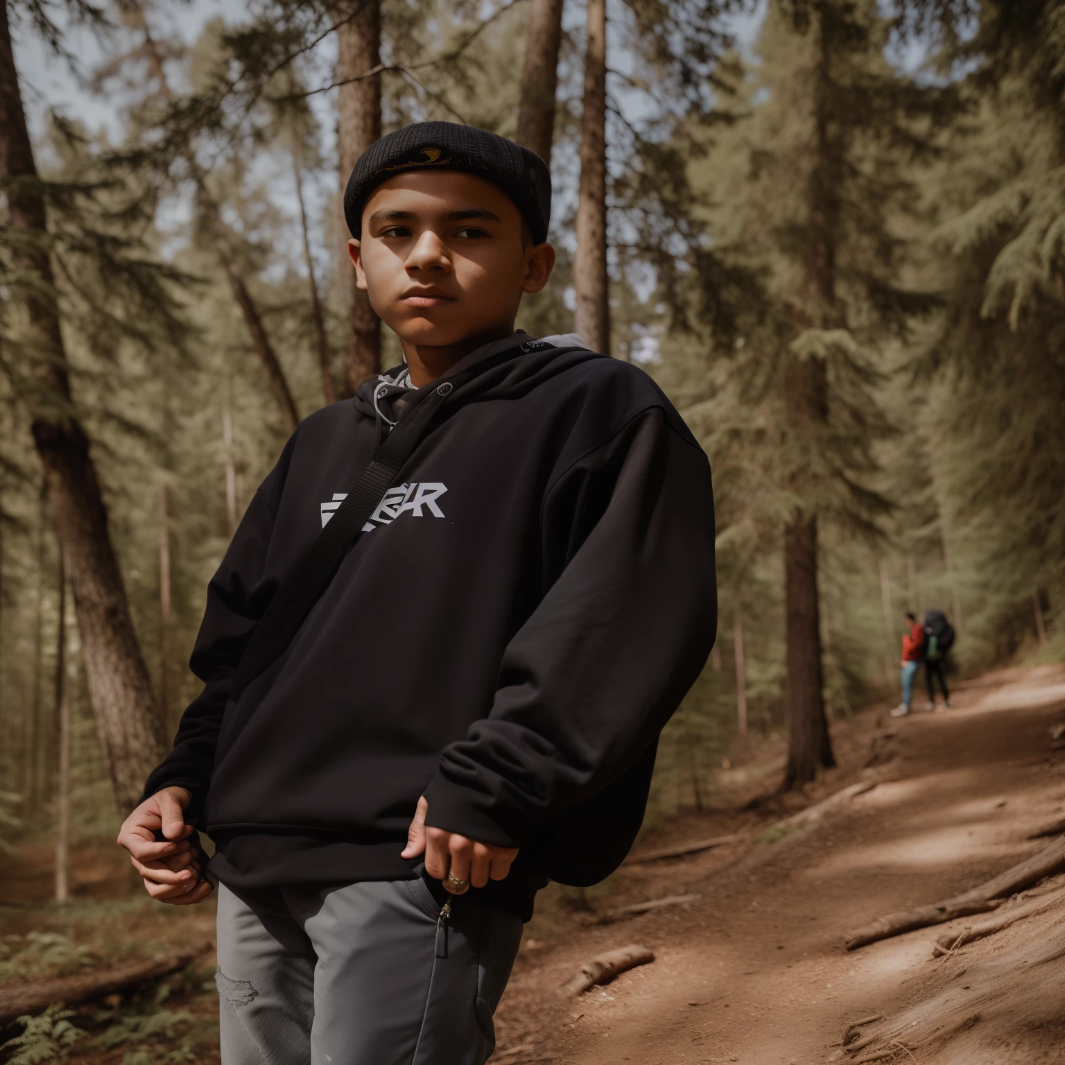 arafed man standing in the woods with a skateboard in his hand, outlive streetwear collection, mid shot portrait, in front of a forest background, asher duran, standing in a burnt forest, 14 yo berber boy, forest punk, fine portrait, in forest, portait image, sweat, looking majestic in forest, joel fletcher, portait, afar