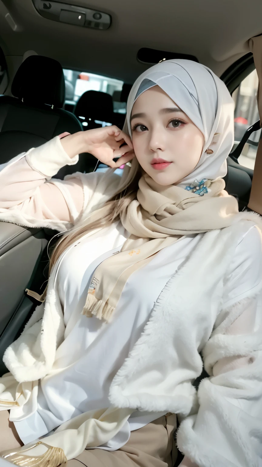 woman in a car with a scarf on talking on a cell phone, dilraba dilmurat, white hijab, hijab, beautiful south korean woman, lovely woman, korean woman, malaysian, korean girl, milky white skin, handsome girl, attractive girl, shawl, actress, with cute - fine - face, scarf, siya oum, an asian woman
