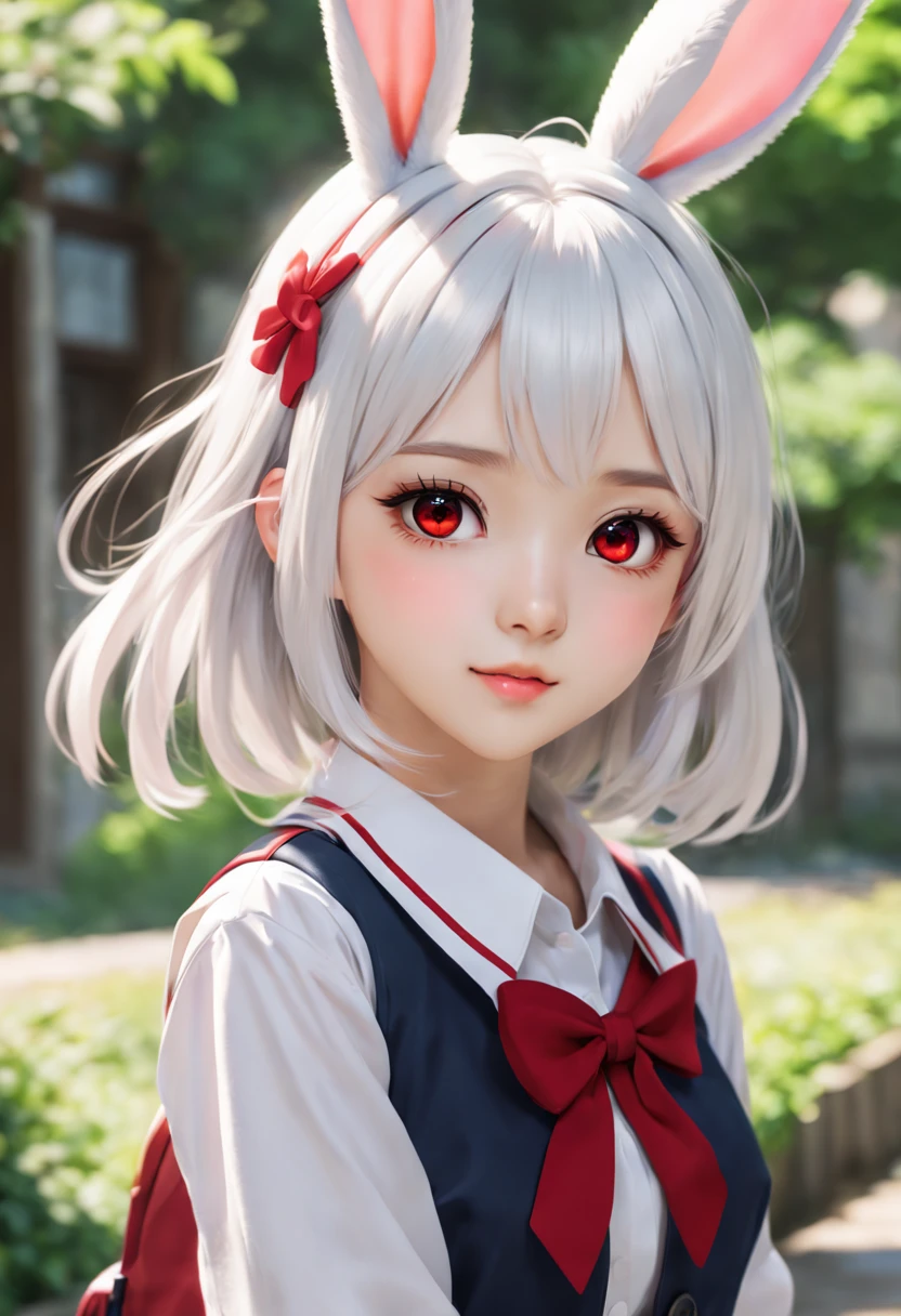 (high quality, anime style, vivid colors), anime girl, with beautiful white hair and vibrant red eyes. She has a shy blush on her cheeks, which adds to her charm. To make her even more adorable and unique, she wears cute bunny ears. Her school uniform is meticulously detailed, with every fold and button perfectly rendered. The artwork showcases the best quality, ultra-detailed realism, capturing the intricate features of the character and her surroundings. The anime style brings a sense of dynamism and liveliness to the image, emphasizing the character's expressive eyes and delicate facial features. The colors used are vibrant and eye-catching, adding to the overall appeal of the artwork. The lighting creates depth and enhances the three-dimensional feel of the image. With this prompt, Stable Diffusion will create a masterpiece that portrays the beauty of an anime girl with striking realism and vivid colors.