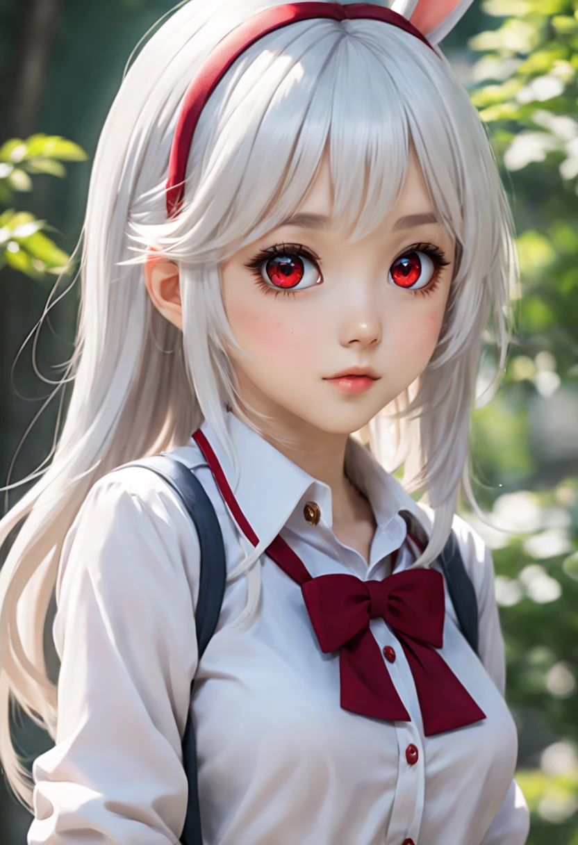 (high quality, anime style, vivid colors), anime girl, with beautiful white hair and vibrant red eyes. She has a shy blush on her cheeks, which adds to her charm. To make her even more adorable and unique, she wears cute bunny ears. Her school uniform is meticulously detailed, with every fold and button perfectly rendered. The artwork showcases the best quality, ultra-detailed realism, capturing the intricate features of the character and her surroundings. The anime style brings a sense of dynamism and liveliness to the image, emphasizing the character's expressive eyes and delicate facial features. The colors used are vibrant and eye-catching, adding to the overall appeal of the artwork. The lighting creates depth and enhances the three-dimensional feel of the image. With this prompt, Stable Diffusion will create a masterpiece that portrays the beauty of an anime girl with striking realism and vivid colors.